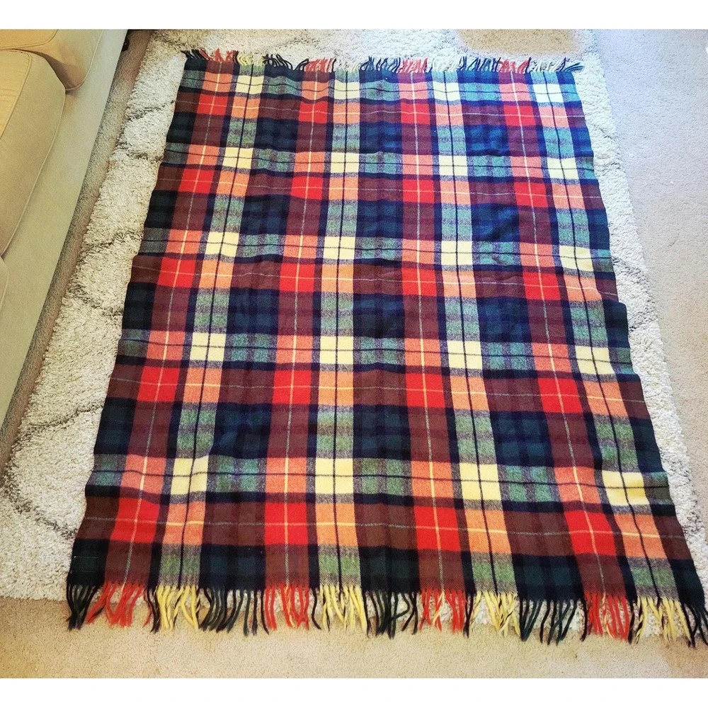 Vintage Troy Robe Wool Tartan Plaid Stadium Throw Blanket Fringe 54x77